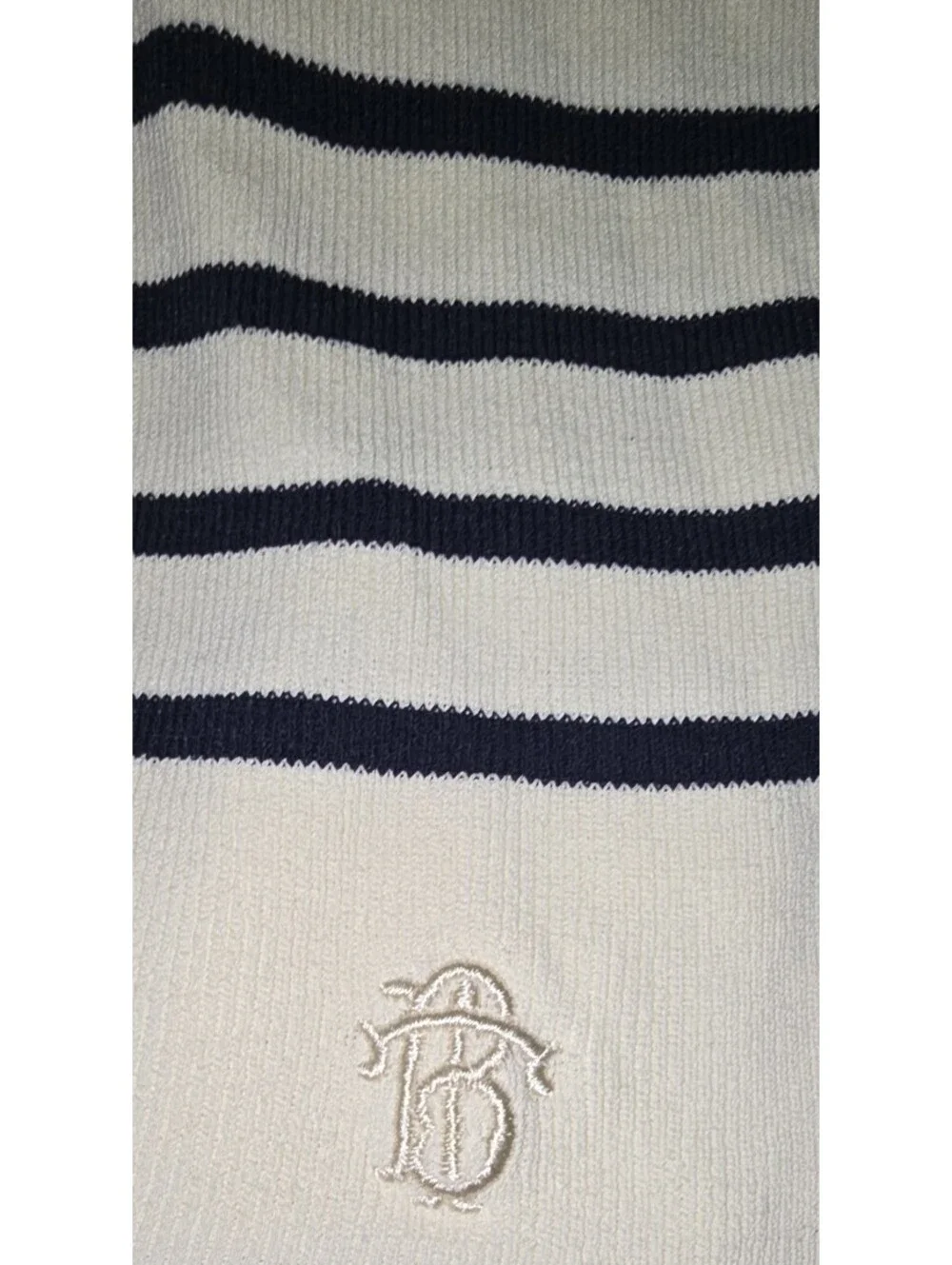 Tory Burch Sweater Small S Cream Navy Blue Striped Ribbed Knit Chevron Back Logo